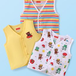 Babyhug 100% Cotton Woven Sleeveless Jhablas with Bear Print & Stripes Pack of 3 - Yellow & White-picture-27
