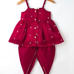 Saka Designs Woven Sleeveless Kurti Dhoti Set with Sequin Detailing & Embroidery - Maroon-image-49