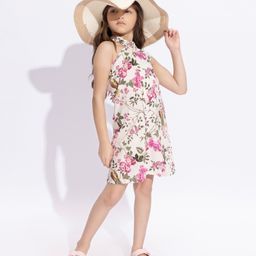 Taffykids Cotton Blend Sleeveless Floral & Birds Printed Dress - Beige & Multi Colour-image-64