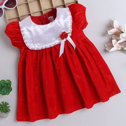 Many frocks & Velvet Half Puffed Sleeves Floral Applique Lace Detailed Dress - Red-image-94