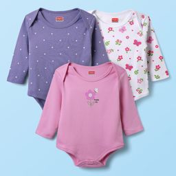 Babyhug 100% Cotton Interlock Knit Full Sleeves Onesies with Floral Print Pack of 3 - White Pink & Purple-image-43