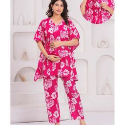 CeleBravo Cotton Woven Half Batwing Sleeves Floral Printed Maternity Ethnic Kaftan Style Kurta With Nursing Access & Pant Set - Pink-picture-23