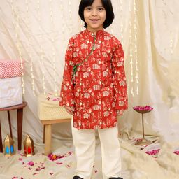 KID1 Cotton Woven Full Sleeves Baby Animals Printed Kurta Pyjama - Maroon-image-94