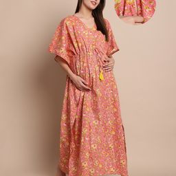 Secret Wish Rayon Woven Half Batwing Sleeves Floral Printed Maternity Kaftan Nighty With Side Zipper Nursing Access - Peach & Yellow-image-66