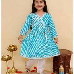 AJ Dezines Cotton Woven Full Sleeves Leheriya Printed & Gota Lace Embellished Kurti Pajama Set - Light Blue-image-53