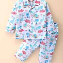 Enfance Core Full Sleeves Baby Animals Printed Coordinating Night Suit Set - Sky Blue-image-97