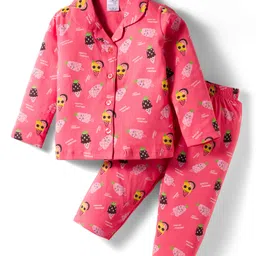 Smarty Girls Sinker Knit Full Sleeves Co-ord Night Suit with Tropical Print - Dark Pink-picture-13