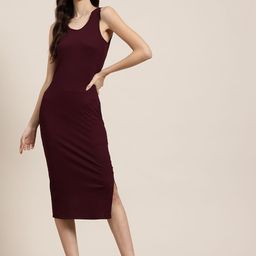HERE&NOW Ribbed Midi Bodycon Slip Dress with Slit Detail-picture-49
