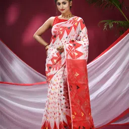 TANTLOOM Ethnic Motifs Woven Design Pure Cotton Jamdani Saree-picture-35