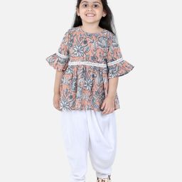 Aww Hunnie Three Fourth Sleeves Floral Print Kurti With Dhoti - Peach White-26