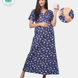 ECOMAMA Organic Cotton & Bamboo Antimicrobial Half Sleeves Maternity Nighty Floral Print - Blue-image-79