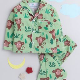 Knitting Doodles Pure Cotton Full Sleeves Monkey Printed Night Suit - Green-image-83