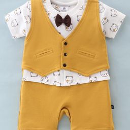 Mini Taurus Cotton Knit Half Sleeves Party Wear Romper Bear Print & Bow Applique-Mustard Yellow-image-88