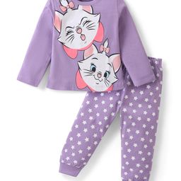 Babyhug Disney Cotton Knit Full Sleeves Night Suit With Marie Print - Purple-image-39