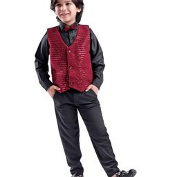 Babyhug Woven Full Sleeves Sequined 3 Piece Party Suit with Bow - Black & Red-image-76