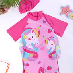 Bubble Berry Half Raglan SleevesUnicorn Printed Swimsuit With Coordinating Cap - Pink-image-56