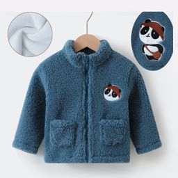 Kookie Kids Full Sleeves Winter Fur Jacket with Panda Patch & Pockets - Blue-image-89