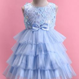 Babyhug Woven Sleeveless Layered  Party Frock with Sequin & Floral Detailing Bow Applique - Blue-picture-9