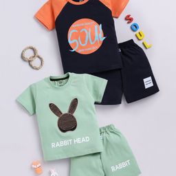 TOONYPORT Cotton Pack Of 2 Half Sleeves Bunny Designed & Text Printed Tees With Shorts - Green & Black-image-41