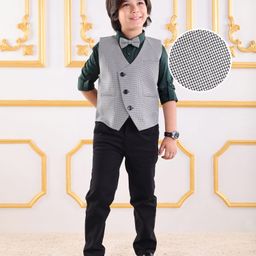 Mark & Mia Full Sleeves 3 Pieces Party Suit with Checked Waist Coat & Bow Detailing - Grey Dark Green & Black-image-1
