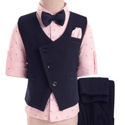 Robo Fry Woven Full Sleeves Textured 3 Piece Party Suit With Bow - Navy Blue & Pink-image-28