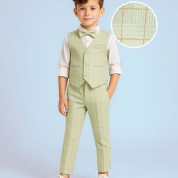 Mark & Mia Cotton Woven Full Sleeves Checkered 3 Piece Party Suit With Bow - Light Green-image-41