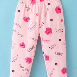 Doreme Single Jersey Knit Full Length Leggings With Floral & Hearts Print - Baby Pink-image-58