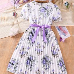 Bolly Lounge Cotton Blend Puffed Sleeves Floral Printed  Dress - Purple-image-84