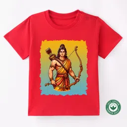 BLUSHES Dussehra Theme 100% Cotton Half Sleeves Lord Rama Printed Tee - Red-picture-2