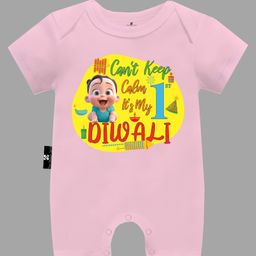 The Peppy Tend Diwali Theme 100% Cotton Half Sleeves Cant Keep Calm Its My 1st Diwali Text Printed Half Romper - Pink-picture-39