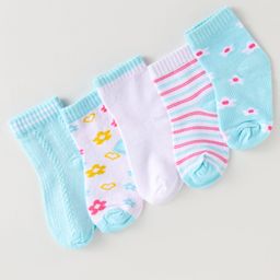 Doodle Poodle Cotton Knit Ankle Length Flower Stripe & Solid Color Printed Pack of 5 -White & Light Blue-image-60