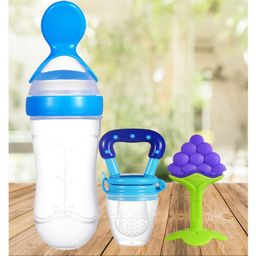 The Cheeky Kidzz Baby Silicone Fruit Shape And Fruit Nibbler Soother Teether With Squeeze Spoon Bottle (BLUE)-17