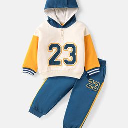 Babyhug Terry KnitFull Sleeves Hooded T-Shirt & Lounge Pants With Sport Theme Embroidery & Print - White & Blue-image-58