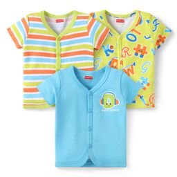 Babyhug 100% Cotton Knit Half Sleeves Front Open Vests with Stripes & Text Print Pack of 3 - Sky Blue Green & Red-image-40