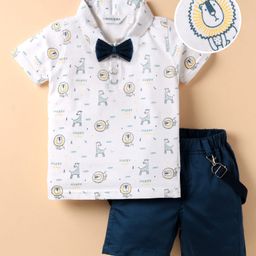 Mark & Mia Cotton Woven Half Sleeves Animal Printed Polo T-Shirt & Shorts Set with Bow & Suspender - Navy Blue & White-image-73