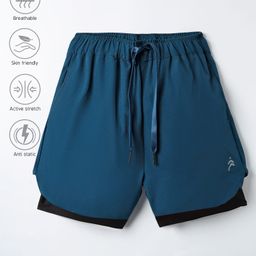 Pine Active Woven Ultra Light Above Knee Length Solid Shorts with High Stretch Inner Tights - Blue-image-39