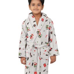 Rangoli Cotton Full Sleeves Construction Theme Printed Ultra Soft Bathrobe With Attached Adjustable Belt - Grey-image-42