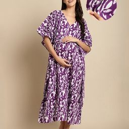 Secret Wish Rayon Woven Half Batwing Sleeves Leaves Printed Maternity Kaftan Nighty With Side Zipper Nursing Access - Purple-image-75