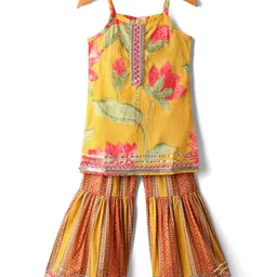 Saka Designs Cotton Woven Sleeveless Kurti & Gharara Set with Floral Print - Yellow-picture-39