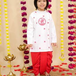 BownBee Cotton Woven Full Sleeves Floral Embroidered Dhoti Kurta Set - White-image-97