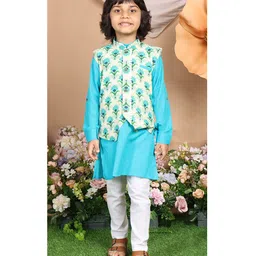 LIL PITAARA Pure Cotton Woven Full Sleeves Solid Kurta & Pyjama With Floral Printed Jacket Set - Blue-picture-31