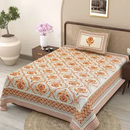 TrueYarns Peach-Coloured & Green Floral Pure Cotton 300 TC Single Bedsheet Set-1.52mx2.28m-23
