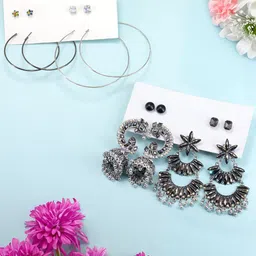PRIVIU Set of 8 Silver-Plated Dome Shaped Jhumkas Earrings-80