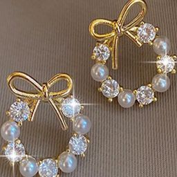 Rovlina Women Gold Plated Bow Cubic Zirconia Stone Studded Circular Studs Earrings-image-64