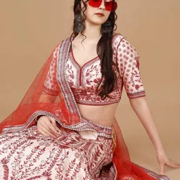SAPTRANGI Embellished Beads And Stones Lehenga With Blouse & Dupatta-image-87