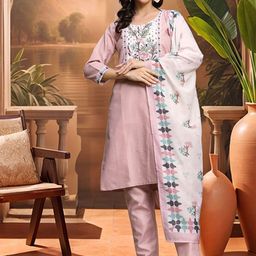 Sangria Floral Yoke Design Pure Cotton Straight Kurta With Trousers & Dupatta-image-26