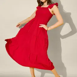 QIOA Women Solid Square Neck Flutter Sleeves Smocked Crepe A-Line Maxi Dress-8