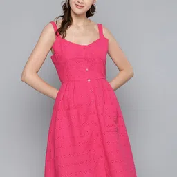 SASSAFRAS Pink Embroidered Pure Cotton Schiffli A-Line Dress-image-65