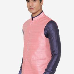 MANQ Men Pink Solid Nehru Jacket image 3