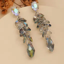 DressBerry Silver-PlatedArtificial Stones Studed Contemporary Shaped Drop Earrings-6